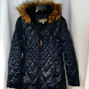 Liz Claiborne Quilted Coat with fur trim hood, Black, M
